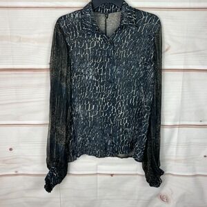 Bl^nk London Top Womens S Black Gold Pansy Blouse Button Up Sheer Balloon Sleeve